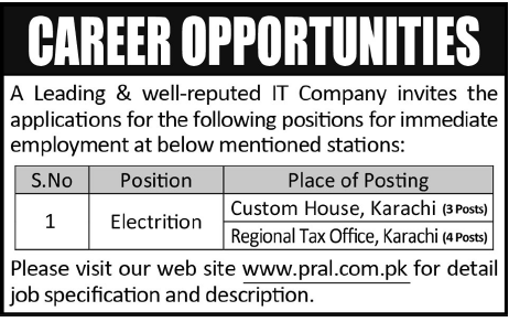 Electricians Required by an IT Company in Karachi