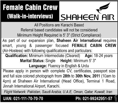 Shaheen Air Required Female Cabin Crew