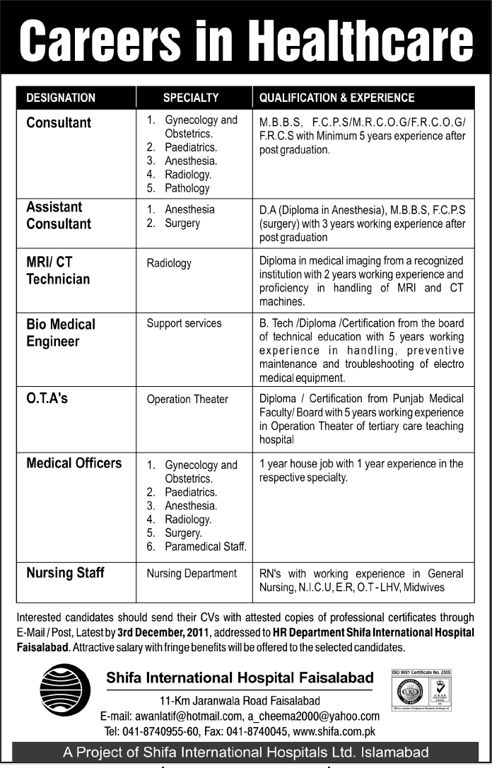 Shifa International Hospital Faisalabad Jobs Opportunity