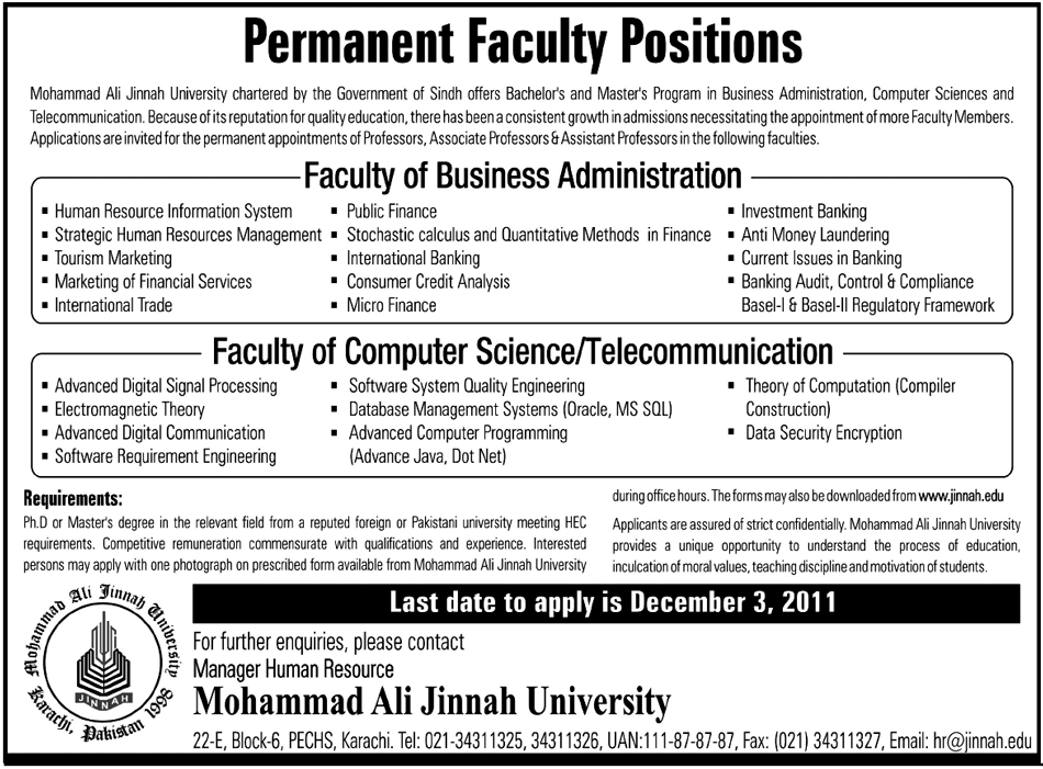 Muhammad Ali Jinnah University Required Faculty Members for Various Department