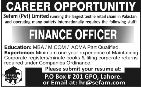 Finance Officer Required by Sefam Pvt Limited