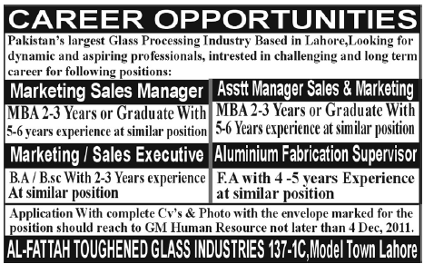 AL-FATTAH Toughened Glass Industries Lahore Required Staff