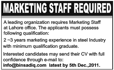 Marketing Staff Required in Lahore