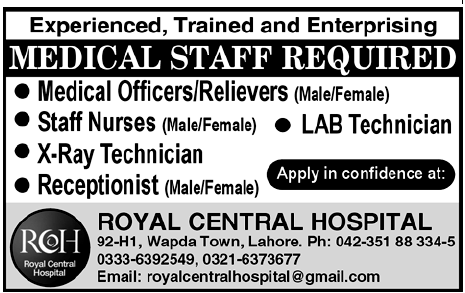 Medical Staff Required by Royal Central Hospital Lahore