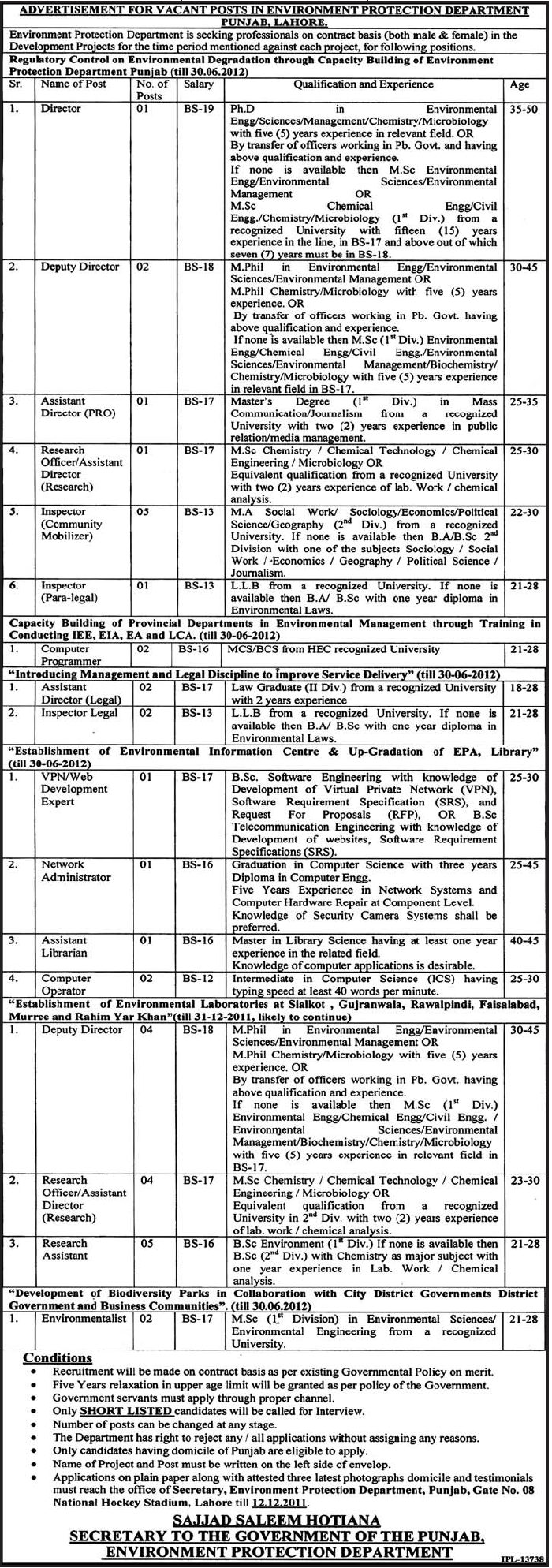 Environment Protection Department, Punjab, Lahore Jobs Opportunity