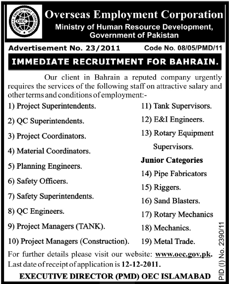 Overseas Employment Corporation, Govt of Pakistan Required Staff for Behrain