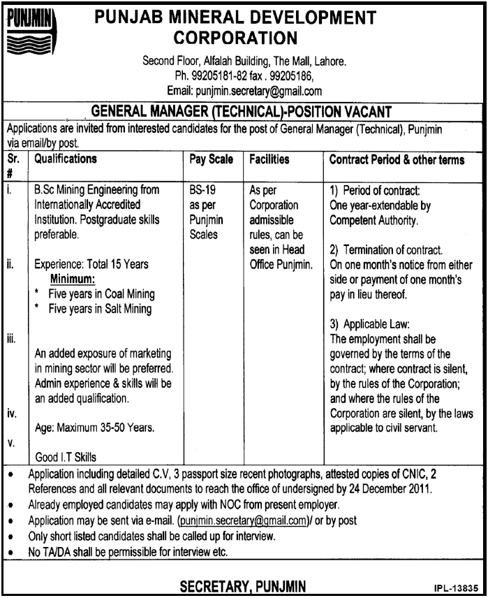 Punjab Mineral Development Corporation Required the Services of General Manager