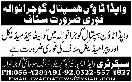 Wapda Town Hospital Gujranwala Required Staff