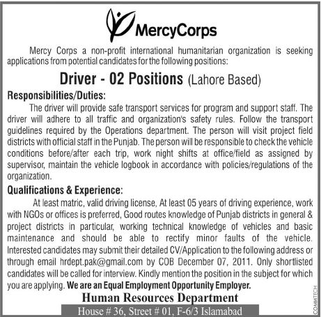 Mercy Corps Required Drivers