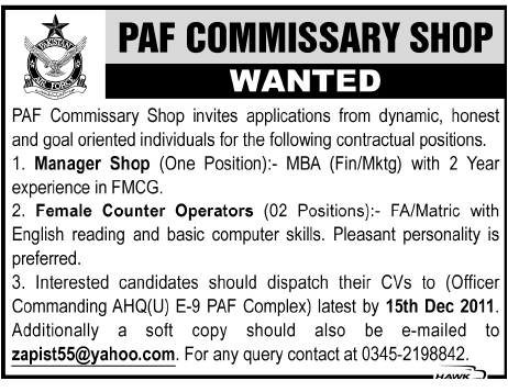 PAF Commissary Shop Required Manager Shop and Female Counter Operators
