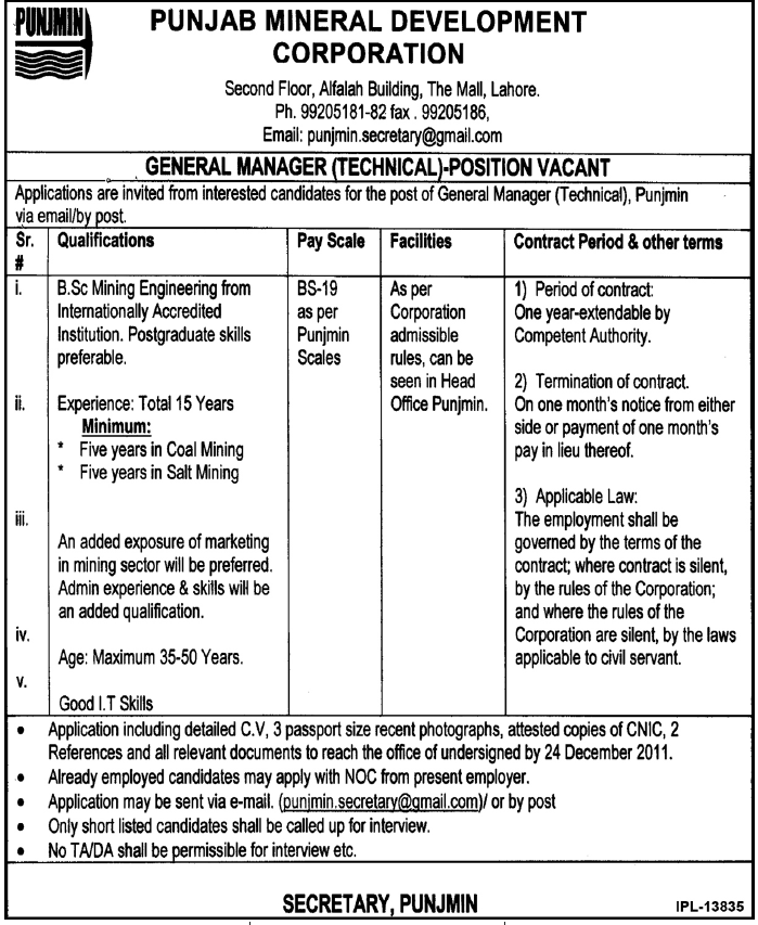 Punjab Mineral Development Corporation Required the Services of General Manager