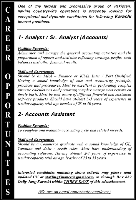 Analyst/Sr. Analyst (Accounts) and Accounts Assistant Required by a Group of Companies in Karachi