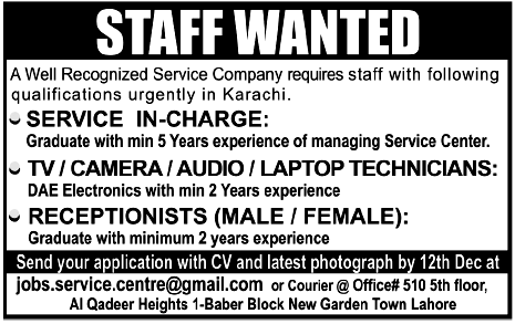 Staff Required by a Company in Karachi