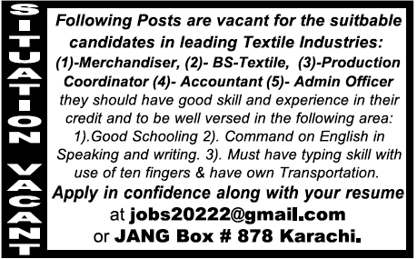 Textile Industries in Karachi Required Staff