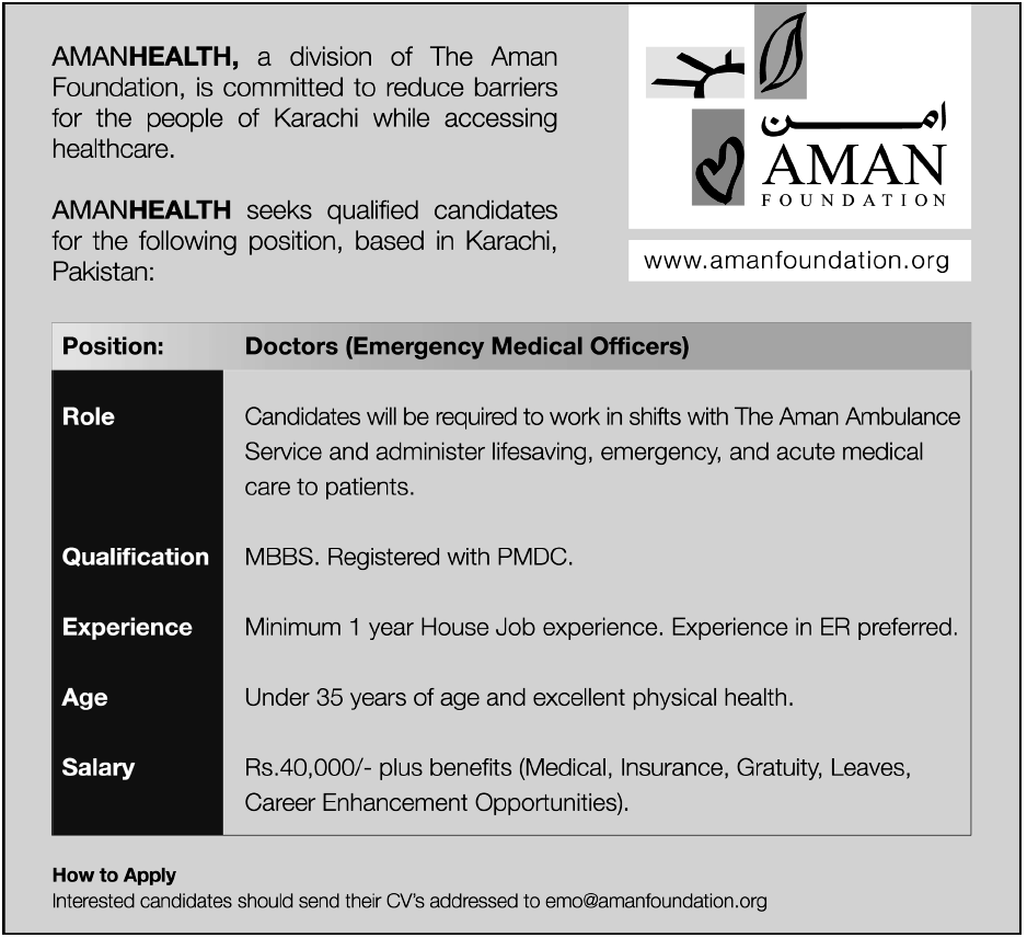 AMAN Foundation Required the Services of Doctors (Emergency Medical Officers)