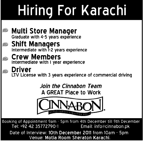 CINNABON Required Staff for Karachi