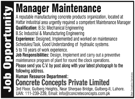 Manager Maintenance Required by Concrete Concepts Private Limited