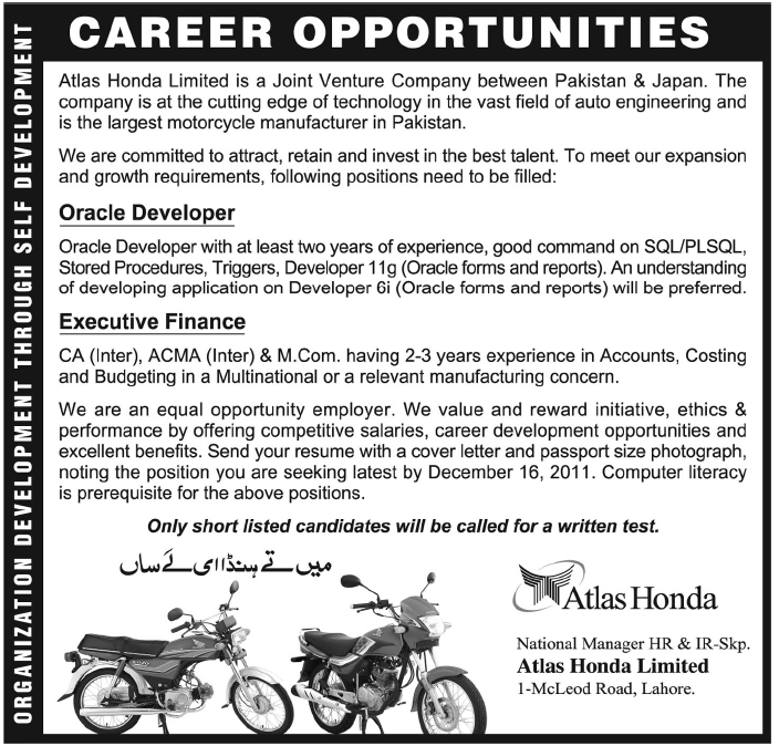 Atlas Honda Limited Required Oracle Developer and Executive Finance