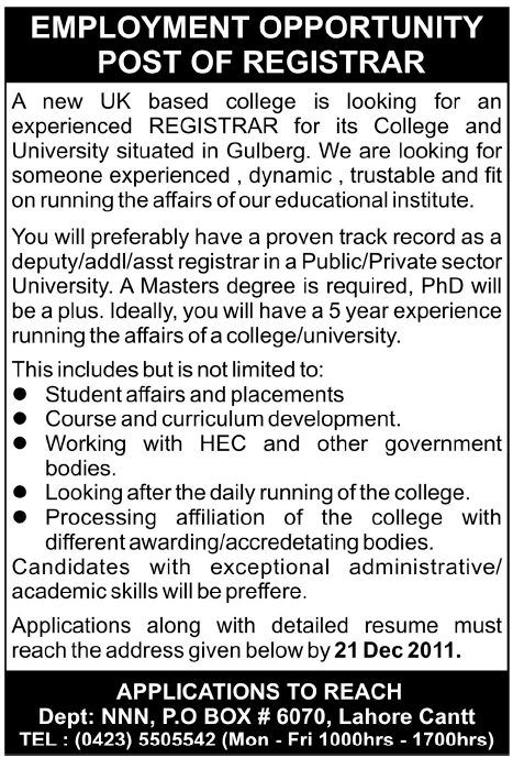 Registrar Required by a UK Based College in Lahore