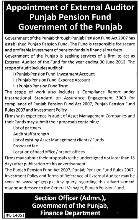 External Auditor Required by Government of the Punjab