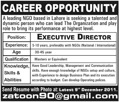 Executive Director Required by and NGO in Lahore