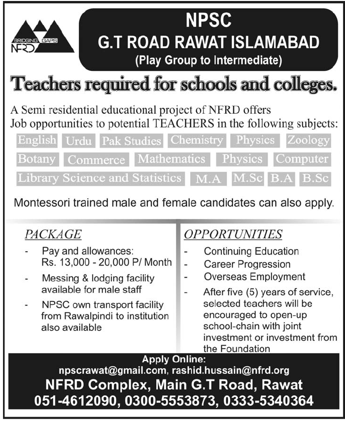 NPSC G.T Road Rawat Islamabad Required Teachers