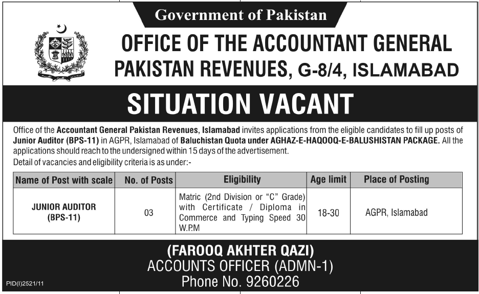 Office of the Accountant General Pakistan Revenue, Islamabad Required Junior Auditor