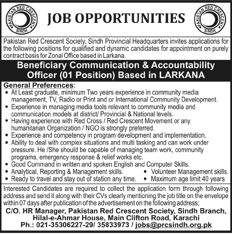Pakistan Red Crescent Society Required Beneficiary Communication & Accountability Officer for Larkana