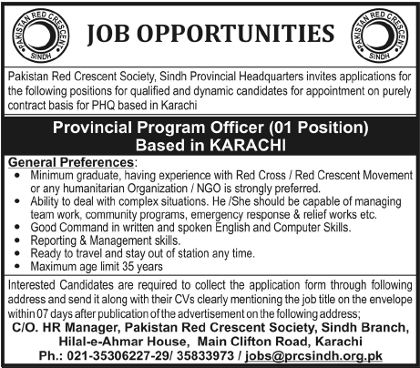 Provincial Program Officer Required by Pakistan Red Crescent Society, for Karachi