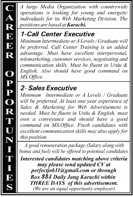 Call Center Executive and Sales Executive Required by a Media Organization in Karachi