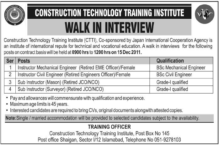 Construction Technology Training Institute Required Staff