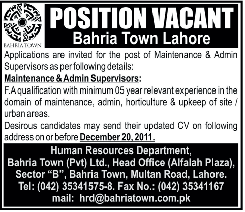 Bahria Town Pvt Ltd Lahore Required Maintenance & Admin Supervisors