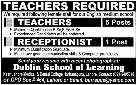 Dublin School of Learning Lahore Required Teachers and Receptionist