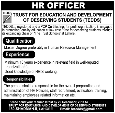 TEDDS Lahore Required HR Officer