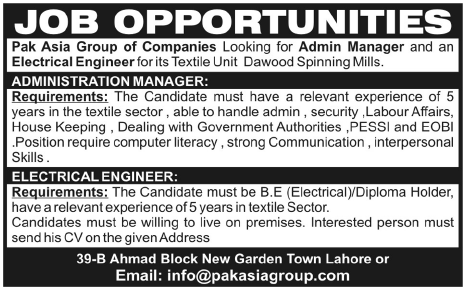 Pak Asia Group of Companies Required Staff