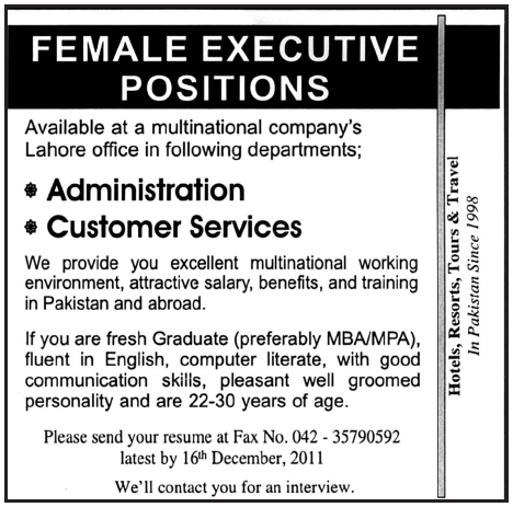 Administration and Customer Services Executives Required in Lahore