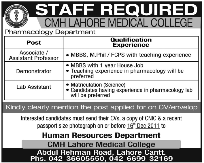CMH Lahore Medical College Required Staff