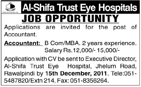 Accountant Required by Al-Shifa Trust Eye Hospitals