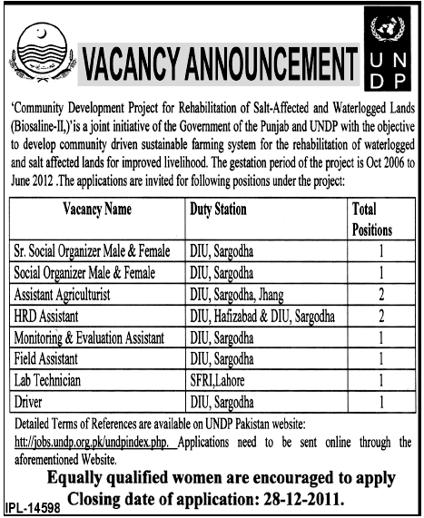 UNDP and Government of the Punjab Jobs Opportunities