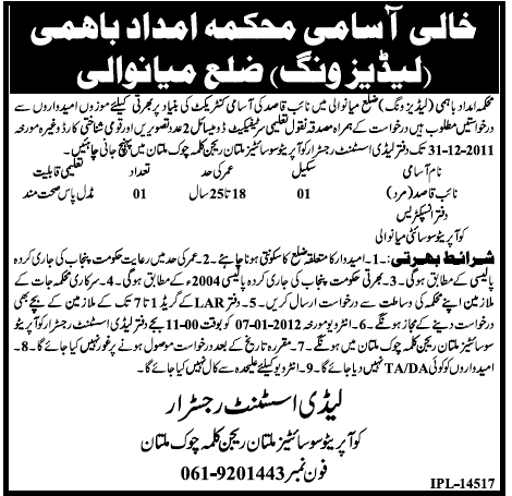 Naib Qasid Required by Government Sector Organization for Mianwali District