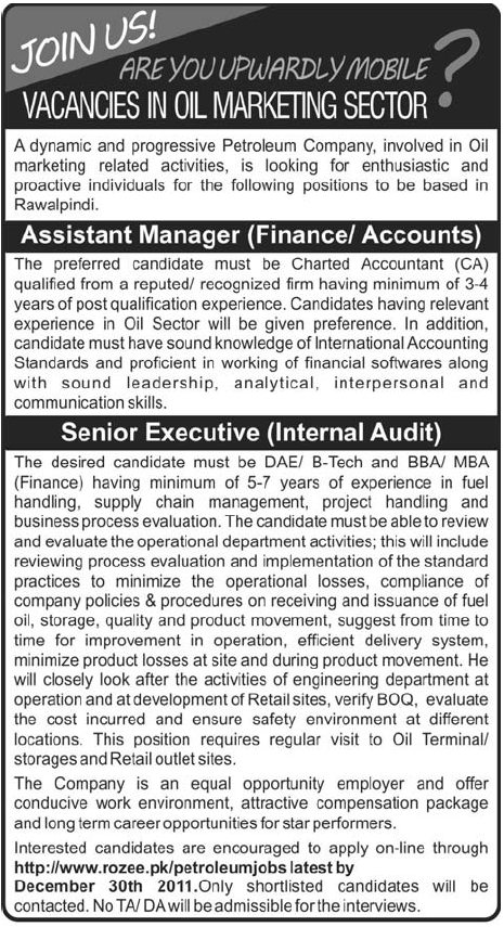 Assistant Manager and Senior Executive Required by a Petroleum Company