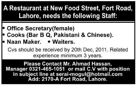 Restaurant in Lahore Required Staff