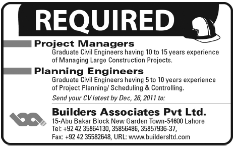 Builders Associates Pvt Ltd. Lahore Required Project Managers and Planning Engineers