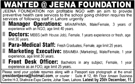 Jeena Foundation Lahore Required Staff