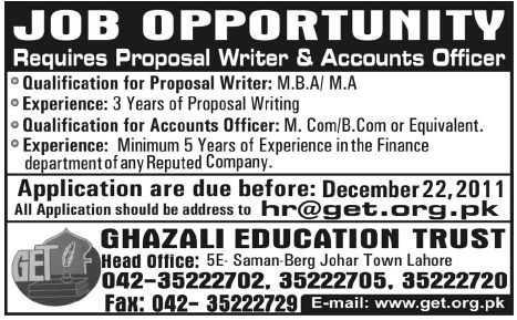 Ghazali Education Trust Lahore Required Proposal Writer and Accounts Officer