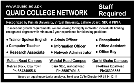 Quaid College Network Required Staff