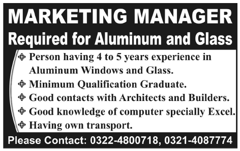 Marketing Manager Required for Aluminium and Glass