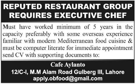 Executive Chef Required in Lahore