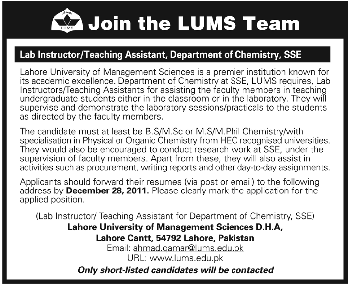 LUMS Required Lab Instructor and Teaching Assistant