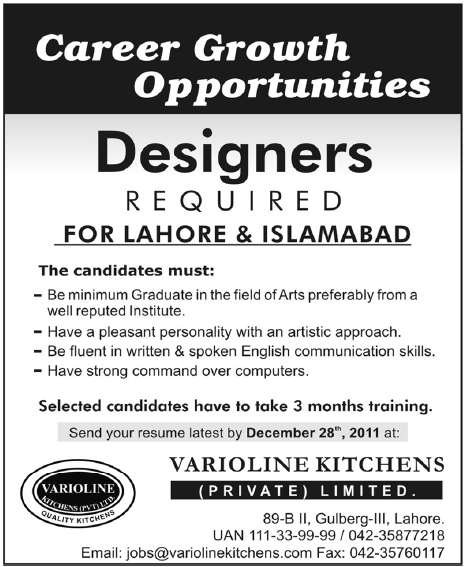 Varioline Kitchens Private Limited Required Designers for Lahore/Islamabad